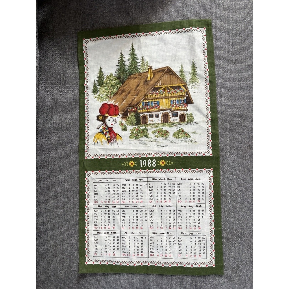 Vintage Linen‎ 1988 German Folk Art Kitchen Calendar Tea Towel Piepmats Dessin